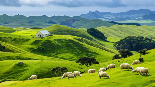 Nature HD wallpaper with Idyllic countryside with rolling green hills, grazing sheep, and a quaint farmhouse.