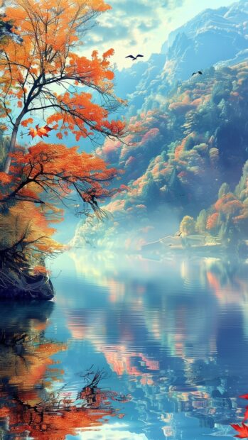 Nature Wallpaper for iPhone with Serene lake surrounded by vibrant autumn foliage, mirror like reflections, and soft morning light.