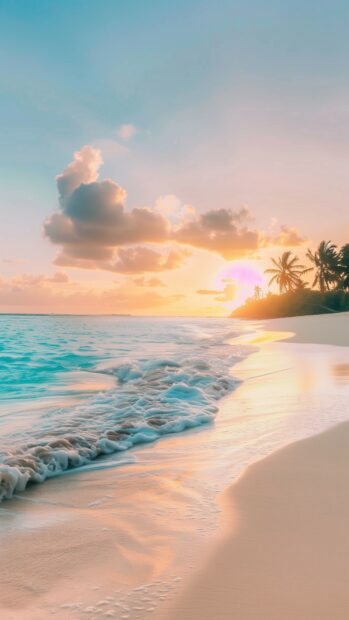 Nature Wallpaper for iPhone with Tropical beach with white sand, turquoise waters, swaying palm trees, and vibrant sunset.