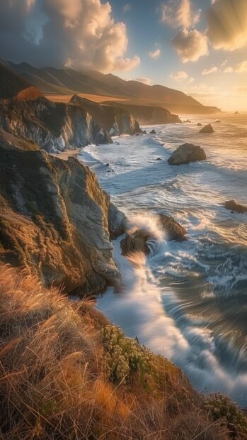 Nature Wallpaper for iPhone with aesthetic coastal cliffs with waves crashing, dramatic skies, and golden hour light.