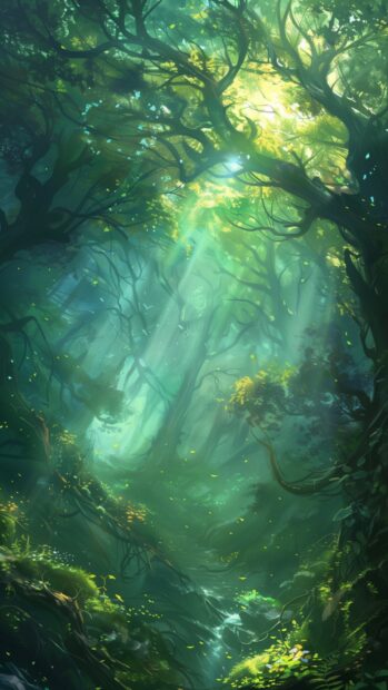 Nature Wallpaper for mobile with aesthetic forest with ancient towering trees, dappled sunlight, and mystical ambiance.