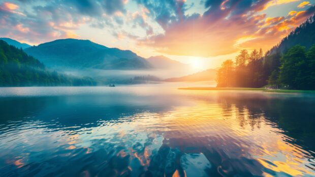 Nature background with sunrise over a serene mountain lake, mist rising from the water, vibrant colors.