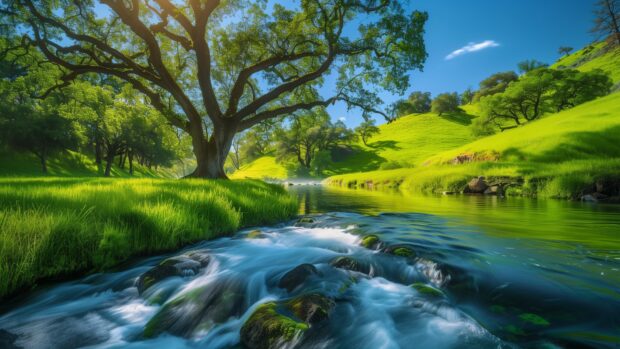 Nature desktop wallpaper HD with serene river flowing through a verdant valley, vibrant green hills, clear blue sky.