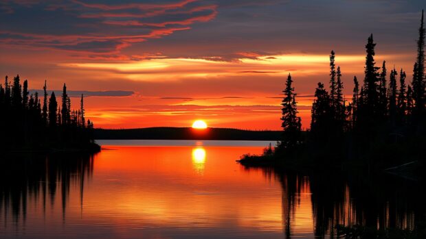 Nature image HD with Sunset over a serene lake, silhouettes of trees, calm water.