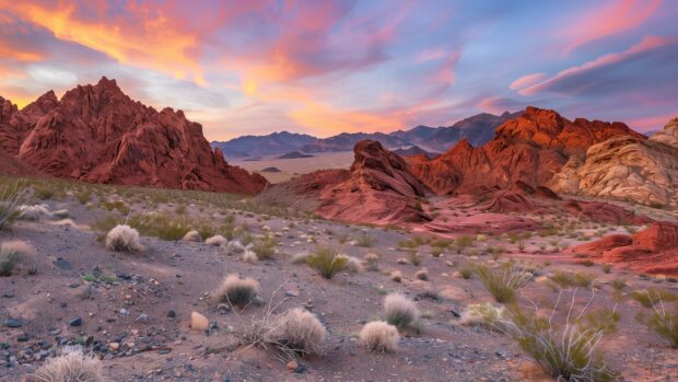 Nature image with Desert landscape at sunset, dramatic red rock formations, colorful sky.