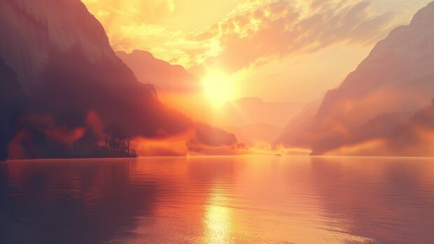 Nature image with Sunrise over a serene mountain lake, mist rising from the water, vibrant colors.