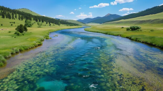 Nature image with serene river flowing through a verdant valley, vibrant green hills, clear blue sky.