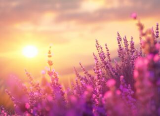 Nature photo HD with Lavender field under a golden sunset, vibrant purple flowers, tranquil scene.
