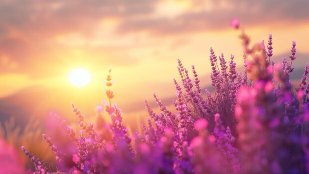 Nature photo HD with Lavender field under a golden sunset, vibrant purple flowers, tranquil scene.
