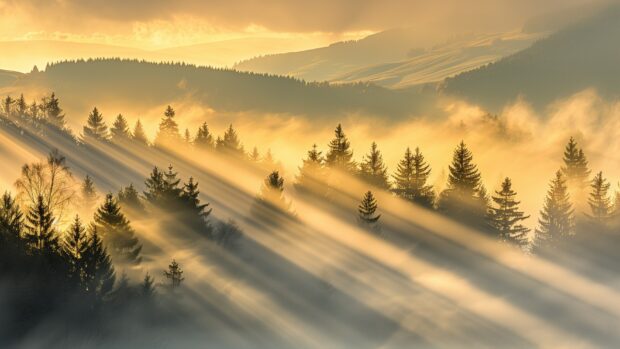 Nature photo with Dense fog rolling through a pine forest, rays of sunlight piercing the mist.