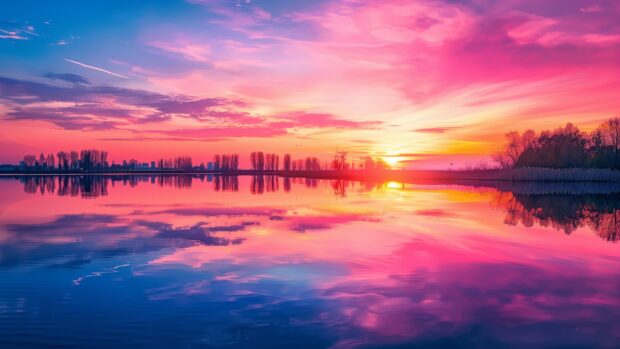 Nature photo with sunset over a tranquil lake, colorful reflections on the water, calm atmosphere.