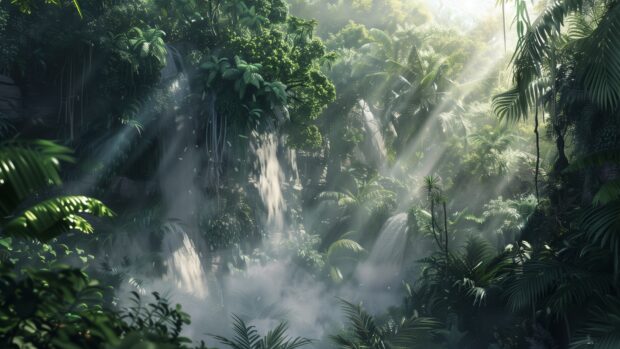 Nature photography with rainforest waterfall, lush green foliage, mist in the air.