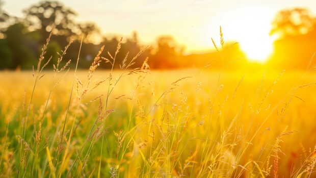 Nature wallpaper 4K with golden hour in a meadow with tall grass, warm light, peaceful atmosphere.