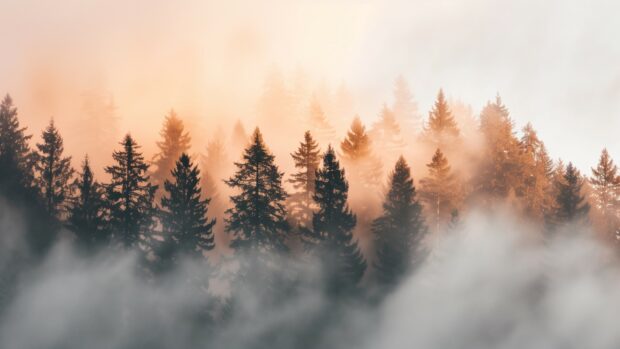 Nature wallpaper HD with dense fog rolling through a pine forest, rays of sunlight piercing the mist.