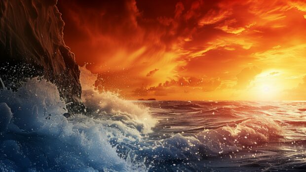 Nature wallpaper HD with dramatic coastal cliffs at sunset, crashing waves, vibrant sky.