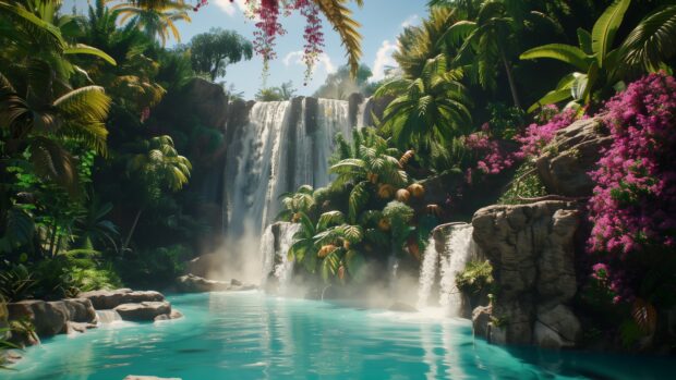 Nature wallpaper HD with majestic waterfall cascading into a crystal clear pool, surrounded by tropical foliage.