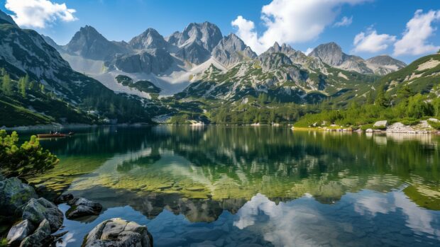 Nature wallpaper HD with mountain landscape with a crystal clear lake, reflection of peaks in the water.