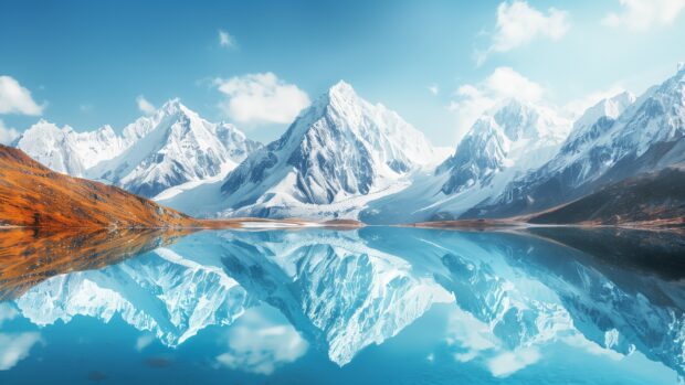 Nature wallpaper desktop HD with snow capped mountains with a clear blue lake, reflection of the peaks.