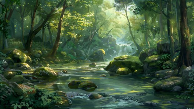 Nature with Crystal clear river flowing through a dense forest, moss covered rocks, dappled sunlight, tranquil vibe.