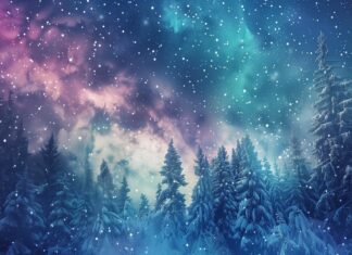 Northern Lights Desktop HD Wallpaper creating a magical scene over a winter forest.
