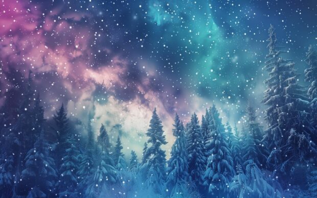 Northern Lights Desktop HD Wallpaper creating a magical scene over a winter forest.