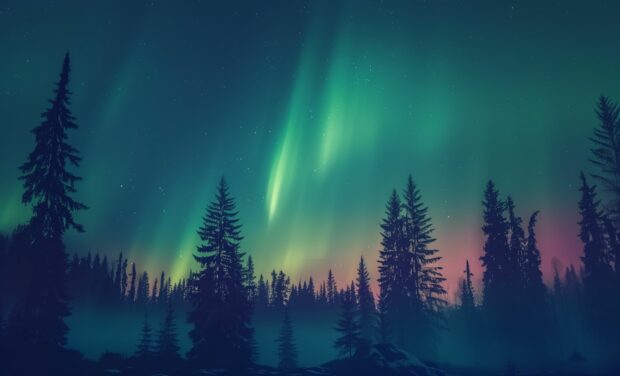 Northern Lights Desktop Wallpaper 1080p with a silhouette of pine trees in the foreground.