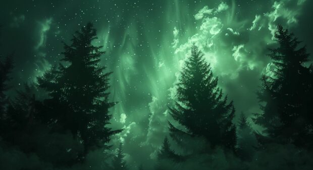 Northern Lights Desktop Wallpaper 1920x1080px with a silhouette of pine trees in the foreground.