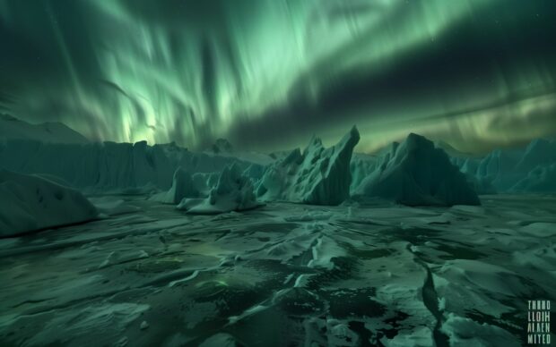 Northern Lights Desktop Wallpaper in various shades of green and purple over an icy landscape.