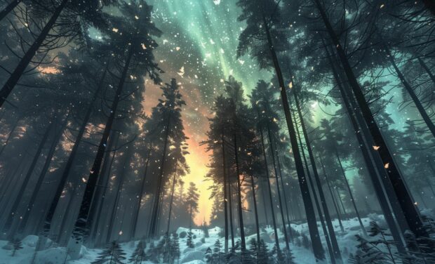 Northern Lights Desktop Wallpaper with a magical scene over a winter forest.