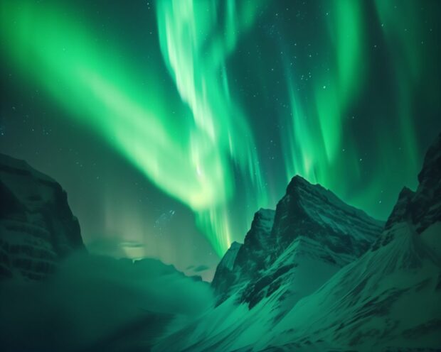 Northern Lights Desktop Wallpaper with snowy hills and a clear night sky.