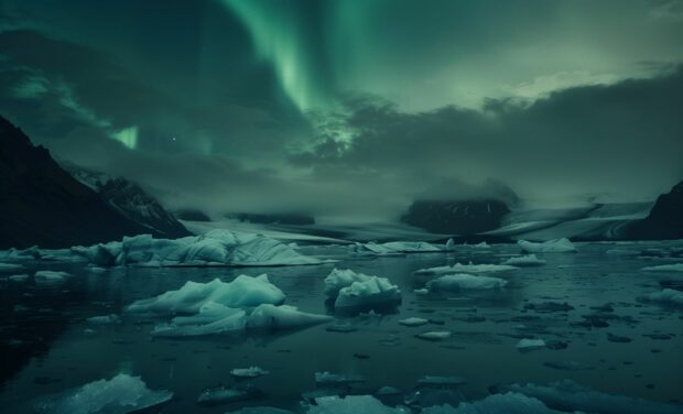 Northern Lights Wallpaper HD illuminating an arctic landscape with icebergs.