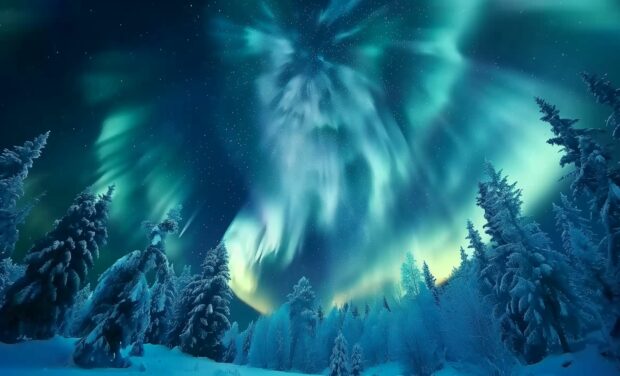 Northern Lights Wallpaper creating a magical scene over a winter forest.