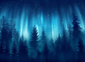 Northern Lights Wallpaper creating a magical scene over a winter forest.