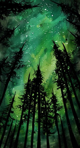 Northern Lights Wallpaper with silhouettes of tall pine trees.