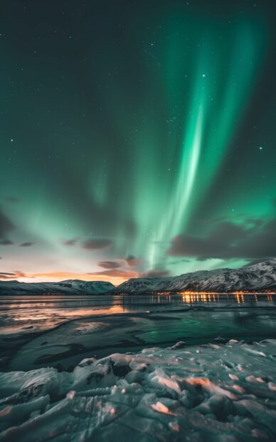 Northern Lights casting a magical glow over a vast snowy plain.