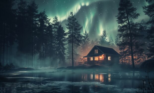 Northern Lights dancing above a remote cabin in the wilderness.
