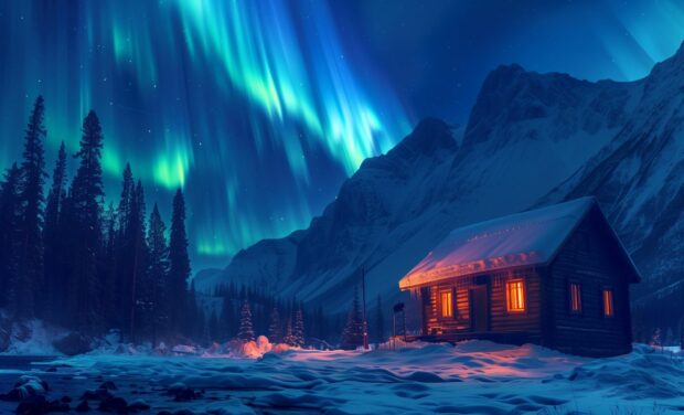 Northern Lights dancing above a remote cabin in the wilderness,.