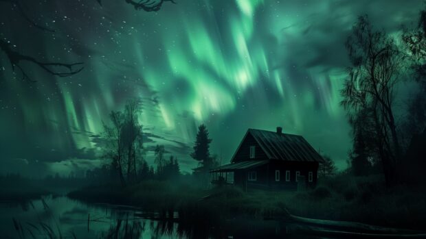 Northern Lights dancing above a remote cabin in the wilderness.