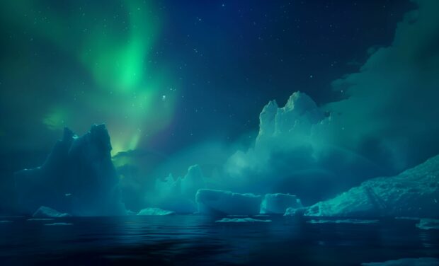 Northern Lights illuminates an arctic landscape with icebergs.