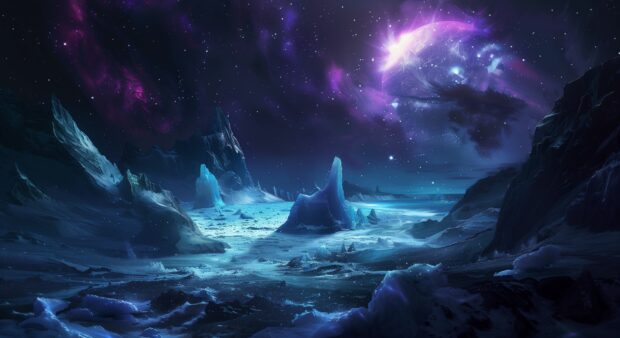 Northern Lights illuminating an arctic landscape with icebergs, Desktop Wallpaper.