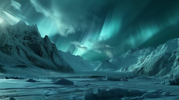 Northern Lights over a majestic glacier, Wallpaper HD.