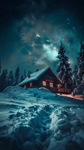 Northern Lights over a remote cabin surrounded by snow, 2K Wallpaper.