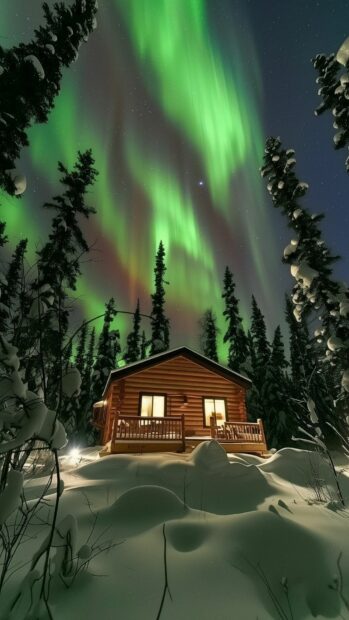 Northern Lights over a remote cabin surrounded by snow, iPhone background.