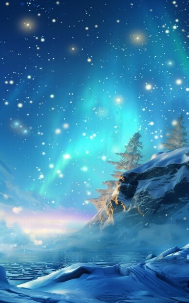 Northern Lights over a serene snowy landscape, mobile wallpaper.