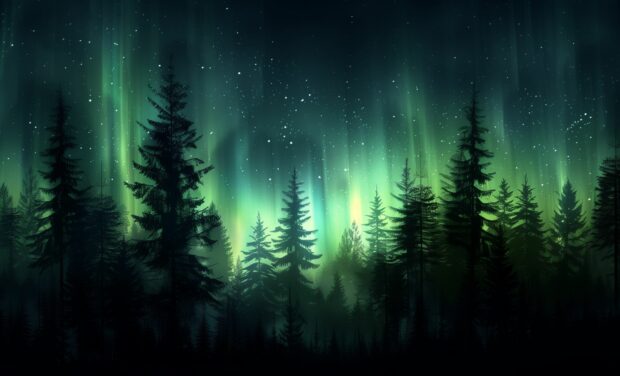 Northern Lights photo with a silhouette of pine trees in the foreground.