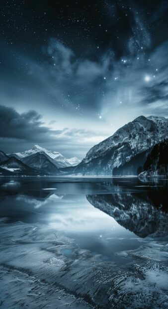 Northern Lights reflecting on a calm frozen lake, Free iPhone Wallpaper.