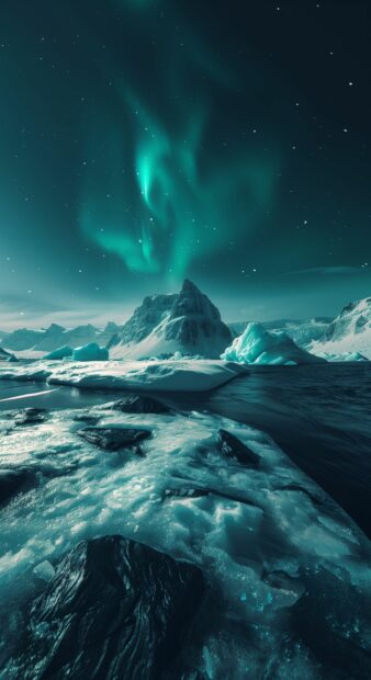 Northern Lights with a breathtaking view of arctic icebergs.