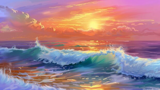 Ocean Desktop Wallpaper with a peaceful ocean with a colorful sunset and soft waves.