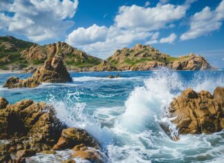 Ocean Desktop Wallpaper with a rocky coastline with waves splashing against the rocks.