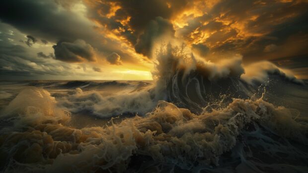 Ocean Desktop Wallpaper with a turbulent ocean with powerful waves crashing under dark, stormy clouds.